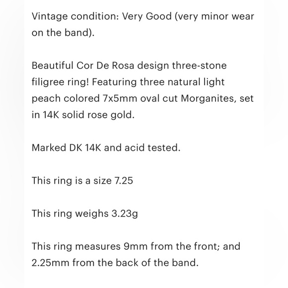 Vintage Filigree Morganite Three Stone Ring: 14K Rose Gold, Size 7.25 - Picture 12 of 12